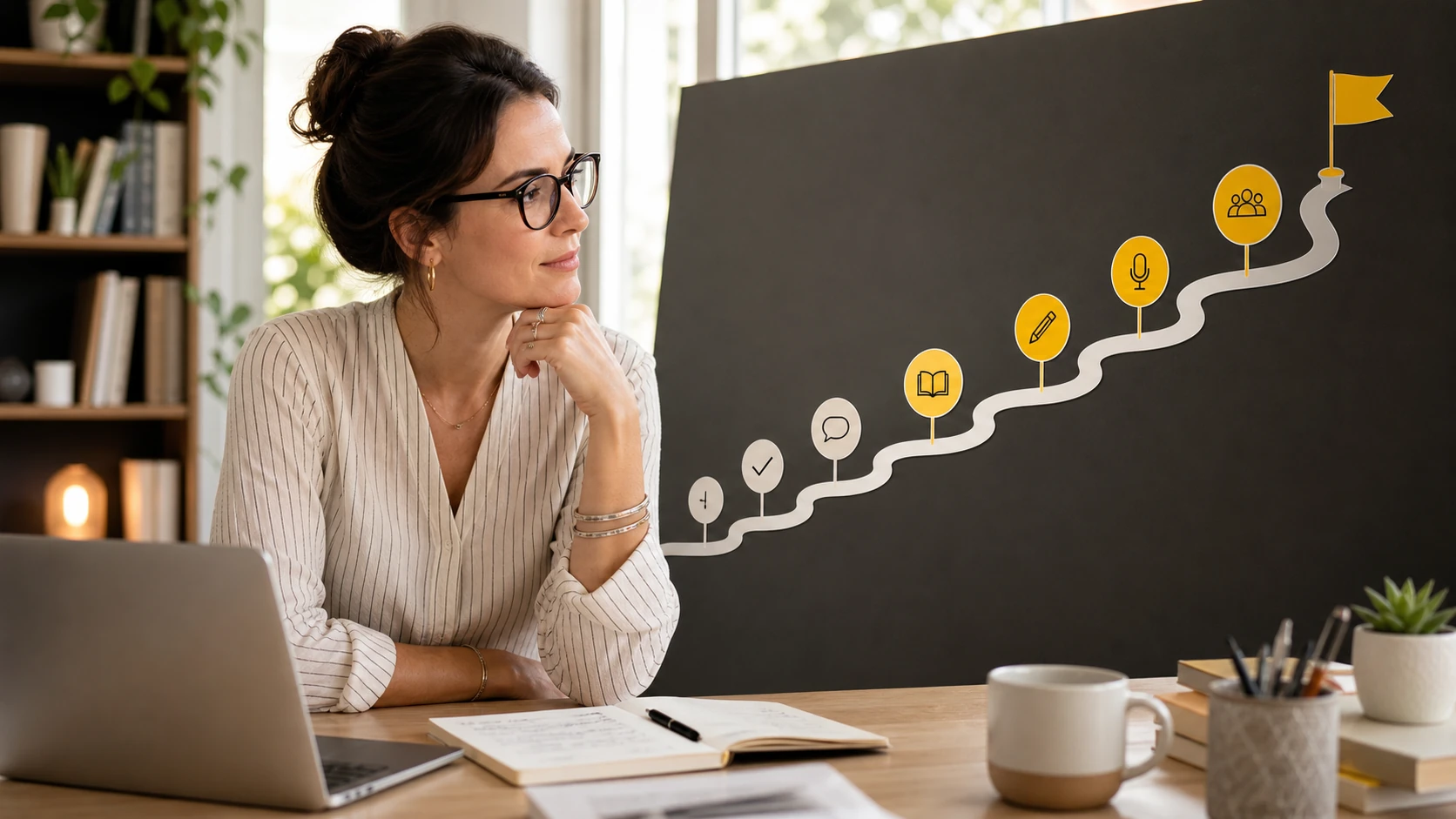 Online language teacher reviewing an adaptive learning roadmap toward a student goal