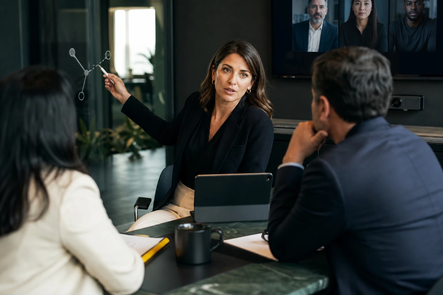 Abogada explica con calma un riesgo jurídico a clientes internacionales durante una reunión