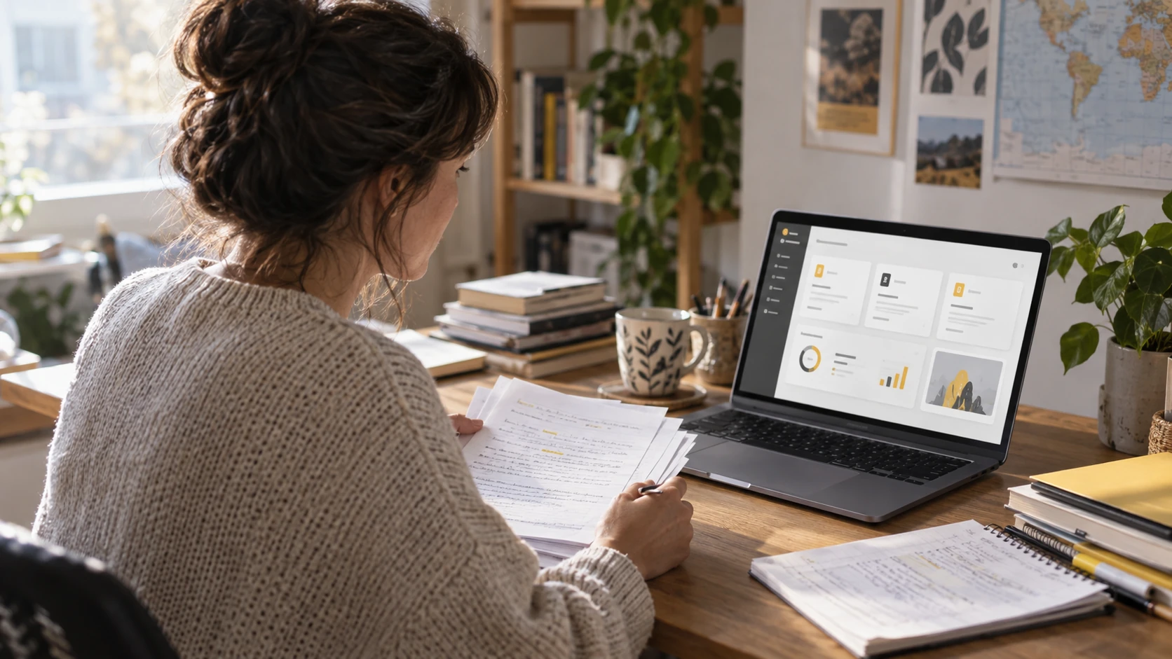Language teacher reviewing student assignments beside a learning dashboard